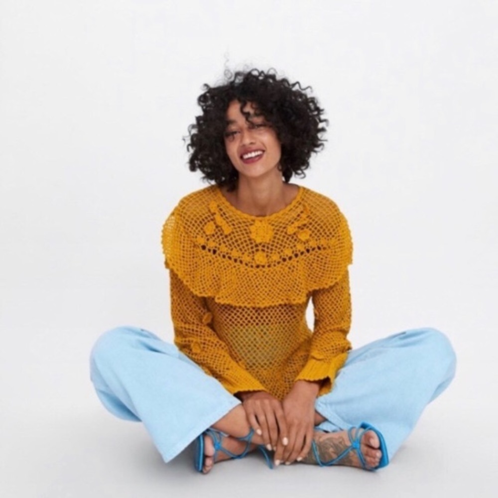 Zara Crochet Sweater with Ruffle Trim